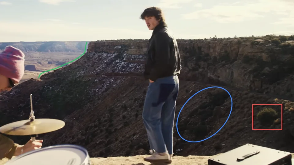 Benson Boone in red rock desert landscape in Beautiful Things music video at 1:17