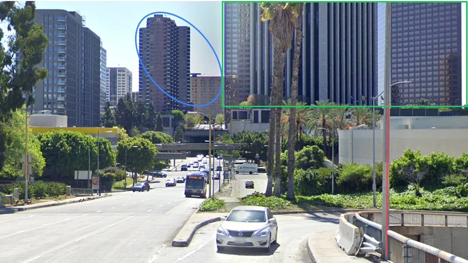 Google Street View of W 3rd Street overpass near Harbor Freeway, Downtown Los Angeles