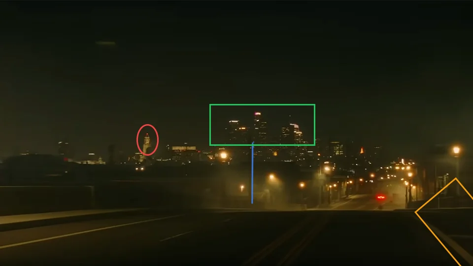 The Weeknd driving across North Spring Street Viaduct with LA skyline in Blinding Lights music video at 1:03