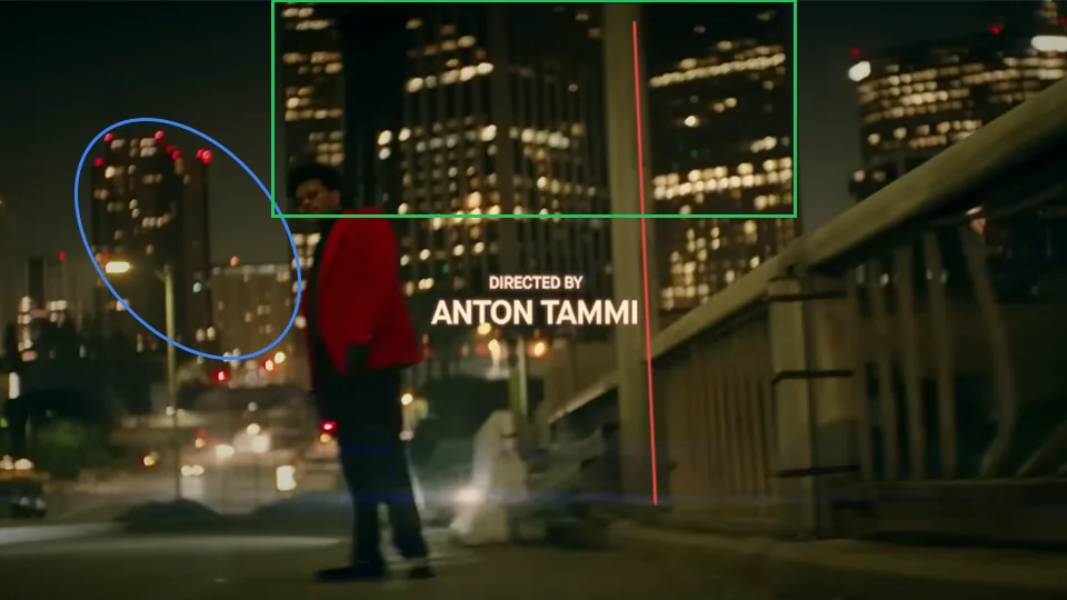 The Weeknd standing on W 3rd Street overpass with DTLA skyline in Blinding Lights music video at 4:01