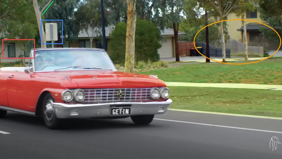 Tones and I in a red vintage convertible on Eynesbury Rd in Dance Monkey music video at 1:02