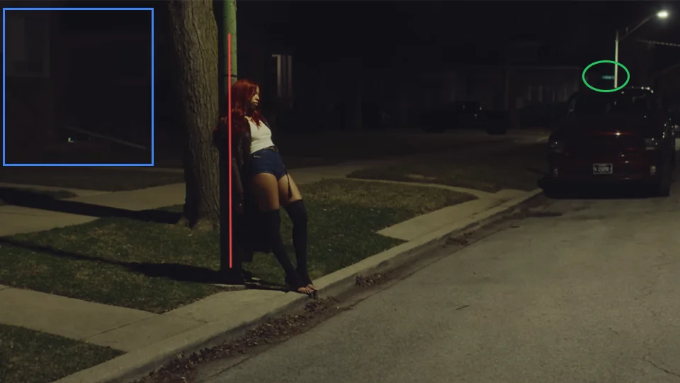 Ravyn Lenae standing in front garden on La Salle St. in Love Me Not music video at 0:19