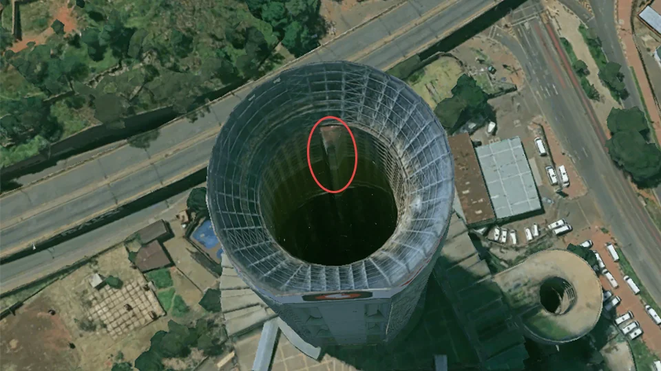 Google Earth aerial view of Ponte City Apartments tower in Hillbrow, Johannesburg