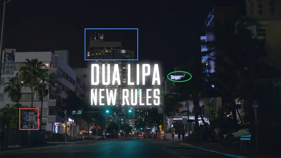 Dua Lipa at 4000 Collins Ave hotel in New Rules music video at 0:03