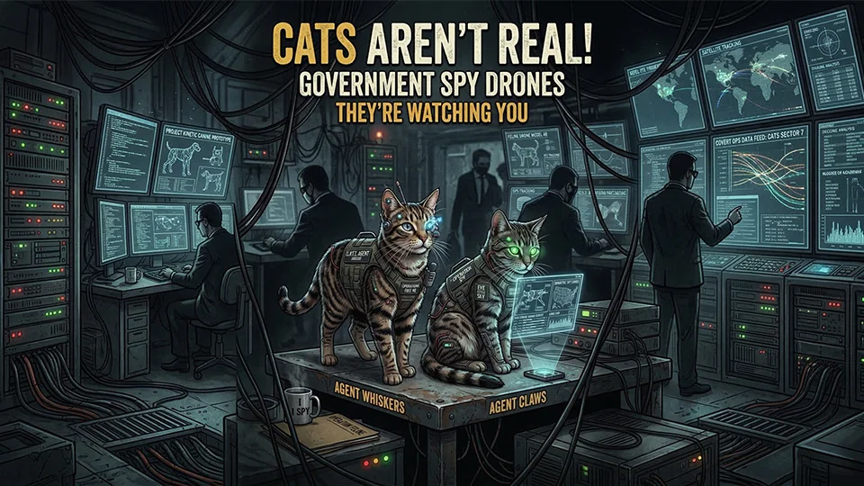 Operation Purrveillance — CIA cat agent at surveillance desk, Cats Aren't Real