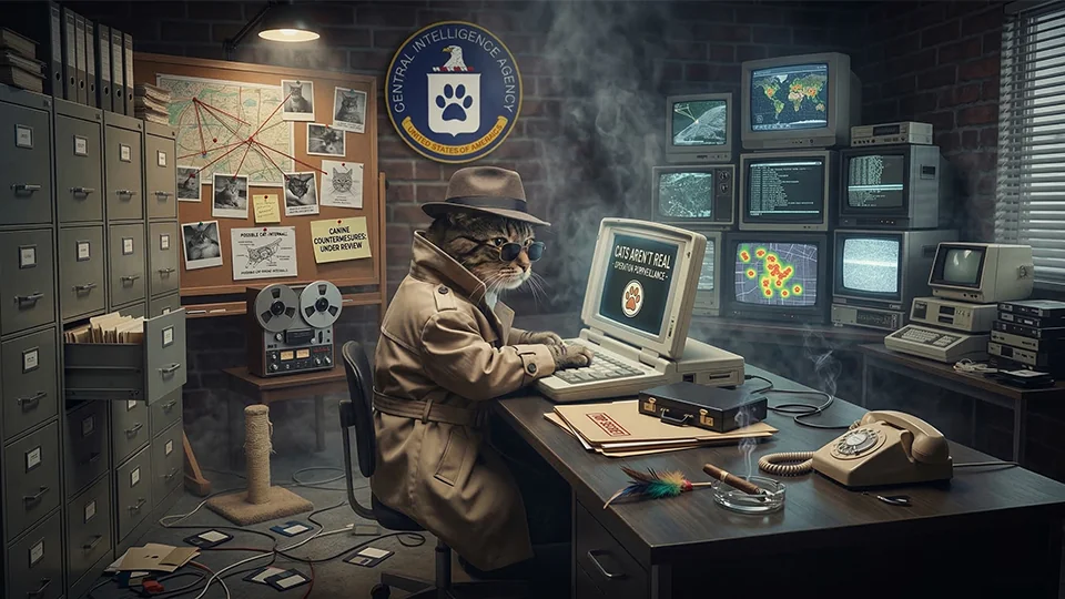 Agent Whiskers and Agent Claws — government spy drone cats in surveillance room