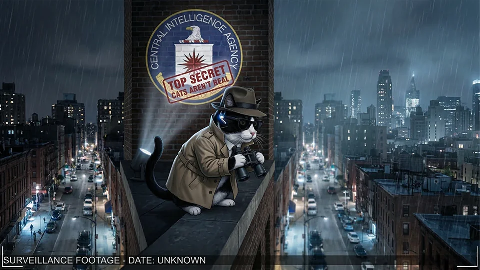 CIA rooftop surveillance cat — Top Secret Cats Aren't Real, city skyline